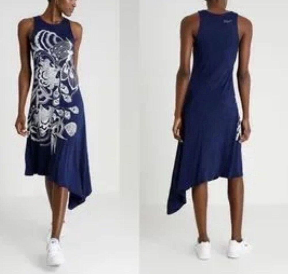 Desigual Wakiut Bodycon Dress Navy Blue Embroidered Sz Small Asymmetrical Hem